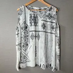 【LINEAR】トリアセテート(45)プリーツブラウス大きいサイズエスニック柄