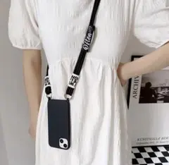 iPhoneケース　iPhone7/8/SE2/SE3他　ショルダー　紐付　黒