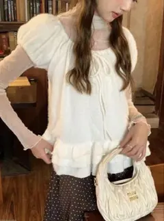 フリルリボントップス×ドット柄シアーメロウトップスアンサンブル[ac2611]