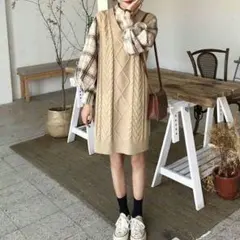 チェックシャツニットワンピース 秋冬 トレンド 韓国 レディース 大人