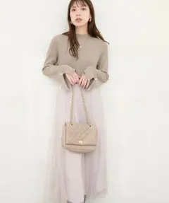 ナチュラルクチュール リブニット×チュールドッキングワンピース グレージュ F