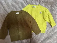 オリーブグリーンとイエローのニット、カーディガンセット