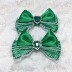 ♡ リボン ヘアクリップ 髪飾り レース 緑 ♡