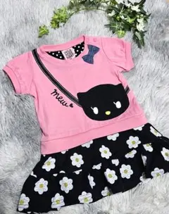 ピンク×黒ベビーキッズ猫デザイン 花柄スカートワンピース 80cm