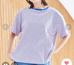 coen コットンレトロボーダー半袖Tシャツ　ライトピンク