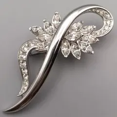 ビンテージ　A&S シルバートーン クリスタルフラワーブローチ