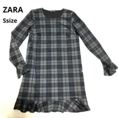 【ZARA】膝丈チェック柄ワンピース 袖裾フリル Sサイズ ブルーグレー