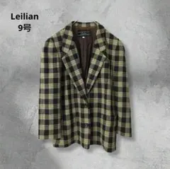 Leilian レリアン麻100% チェック柄 ダブルジャケット 9号 ネイビー 
