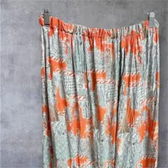 スカート【F】オレンジ グレー 総柄 大仏 ウエストゴム ひざ丈 春夏