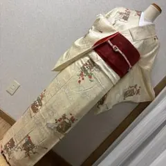 正絹袷小紋 着物 クリーム色とオレンジ花籠　絹赤名古屋帯、帯締め3点セット　美品