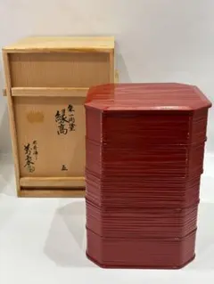 未使用 象彦 四段重 朱塗 金縁 内黒 漆器 漆塗 重箱 木箱入 茶懐石 京