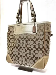 【美品】 COACH コーチシグネチャー レザー切替 キャンバス トートバッグ