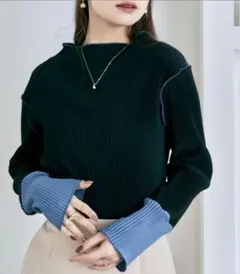 kirakira Shop 袖 配色 ボトルネック プリーツ トップス