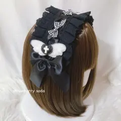 天使の羽ヘアクリップ付き ブラック リボン レースアップ ヘッドドレス 地雷系