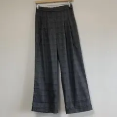 【カスタネ】グレー チェック柄 ワイドパンツ サイドポケット付き