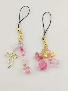 ピンクの花とリボンモチーフビーズストラップセット