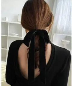 ベロア ロングリボン シュシュ ヘアアクセサリー　 リボン ヘアアクセサリー 黒