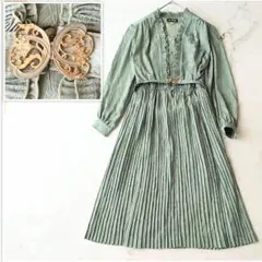 b 圧巻プリーツ ジャガード フリル ワンピース リーフ柄 昭和レトロ 日本製