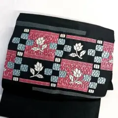新品】夏帯 名古屋帯 洗えるポリエステル 蛇の目傘 黄土色縦縞 黒地