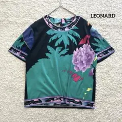 レオナール トリム 花柄 半袖 カットソー Tシャツ L グリーン綿100