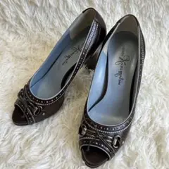 銀座かねまつ ブラウン オープントゥ パンプス 23cm 日本製 レザー リボン