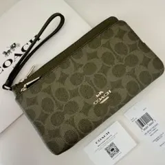 COACH コーチ　ダブルジップポーチ　長財布　リストレット オリーブ　グリーン
