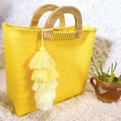 【新品】メキシコ産 オアハカ 黄色 メルカドバッグ イエローフリフリチャーム付M