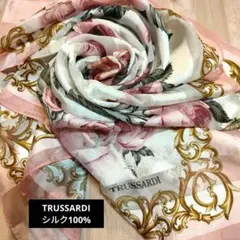 TRUSSARDI ピンク蝶・花柄 シルク100%スカーフ 大判