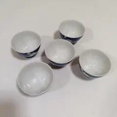 【未使用】お茶 湯呑み 5客セット 和食器 花柄 白 青 昭和 レトロ 日本