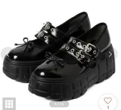 3/16処分 R&E ハトメWストラップ厚底シューズ ブラックエナメル S