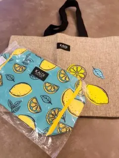 未使用　KALDI レモン柄 トートバッグ　トラベルポーチ　レモンバッグ