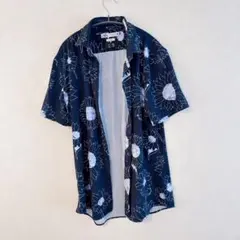 ザラ ひまわり柄 レギュラーカラー 半袖 シャツ L紺 綿 リゾートのサムネイル