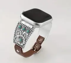 【Apple Watchバンド】ターコイズ装飾の革風バンド　エスニック調