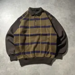 ヴィンテージ チェック ボーダー デザイン ニット ポロシャツ セーター