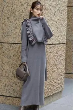 SNIDEL　フリルベストレイヤードニットワンピース　グレー