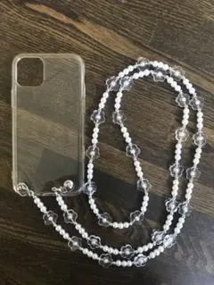 No.043スマホショルダー パールビーズストラップ　シルバー　花