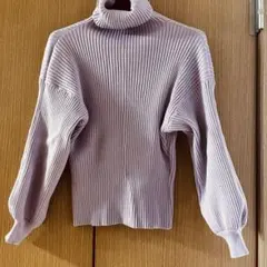 ラベンダー パフ袖　リブ編み タートルネック セーター ボリューム袖