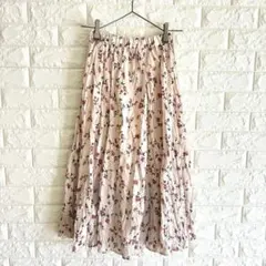 小花柄ロングスカート　シワ加工　ウエストゴム　裏地有　F ピンク