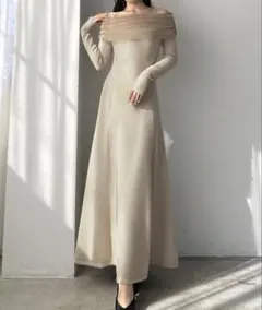 louereチュールオフショルニットフレアワンピース