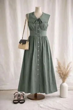 【ナチュラルビューティーベーシック】ビックカーブカラーワンピースノースリーブ