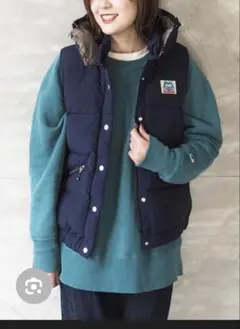 ネイビー フード付き中綿ベスト ストライプ柄