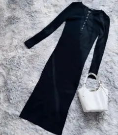 【美品】ZARA ブラック 春ニット　リブロングワンピース　タイト