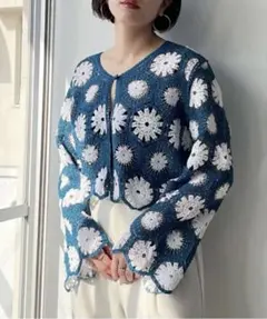 PAGEBOY バイカラークロシェライクカーディガン ブルーのサムネイル