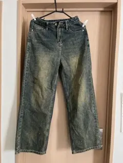 ダークデニム ワイドレッグパンツ ビンテージ加工