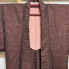 赤系細かいストライプ模様白糸浮着物、単位、柔らかいウール混紡美品、低め、仕事普段