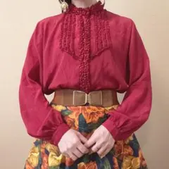 極小ドット フリル スタンドカラー ブラウス 昭和レトロ ヴィンテージ 日本製