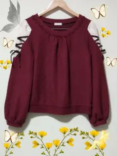 axes femme レーススリーブ ニットプルオーバー ワインレッド M