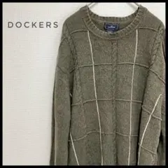 DOCKERS パッチワーク風 ニット セータークルーネック カーキ　ステッチ