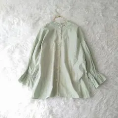 AS KNOW AS plus ストライプバンドカラー長袖シャツ Fパールボタン