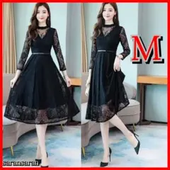 新品♡ パーティー ドレス 総レース ロング ワンピース ベルト付き M